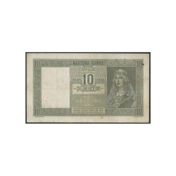 Yugoeslavia - Ocup. Italiana WWII 10 Dinara ND1941 PR10 reverso