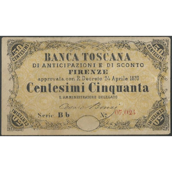 Italia - Banca Toscana 50 Centesimi 24 Abr 1870