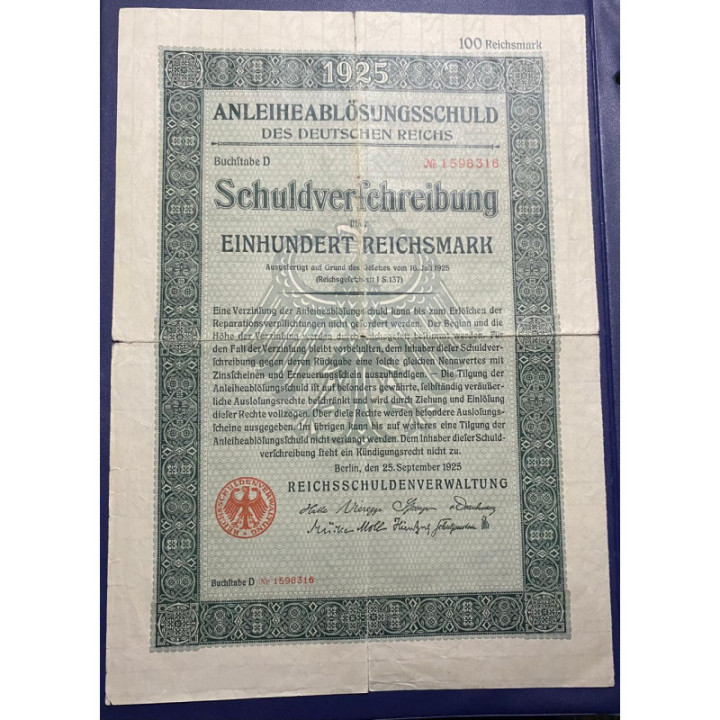 Alemania - Bono de deuda del Imperio 100 Reichsmark 16 Jul 2025