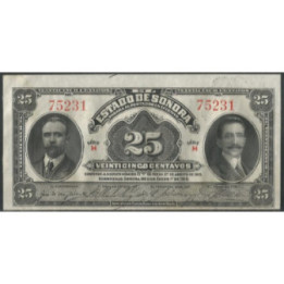 Mexico - El Estado de Sonora 25 Centavos 1 Ene 1915 Serie H Ps1069