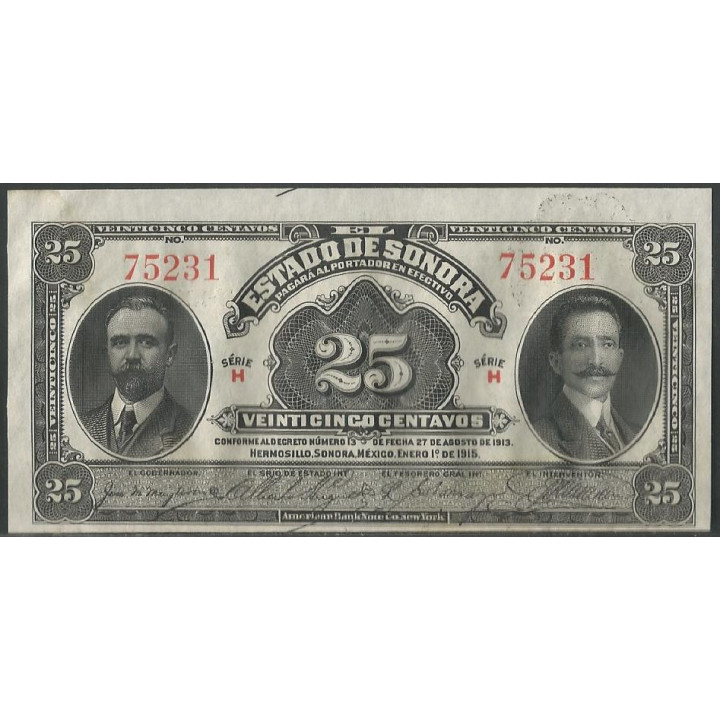 Mexico - El Estado de Sonora 25 Centavos 1 Ene 1915 Serie H Ps1069