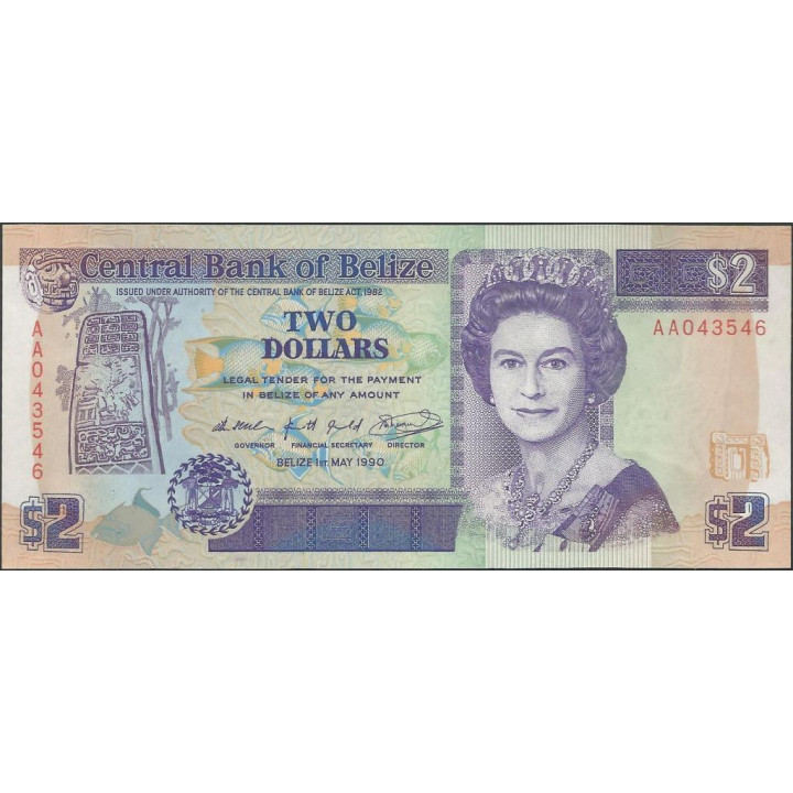 Belize 2 Dollars 1 May 1990 P52a