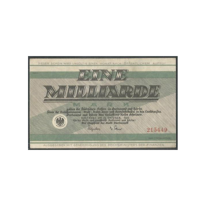 Alemania - Dortmund 1 Millardo Mark 15 Oct 1923