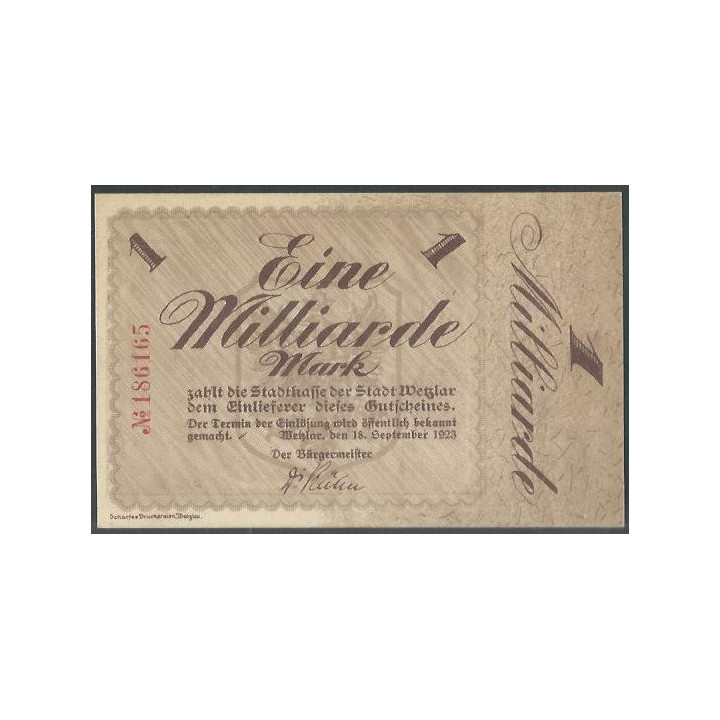 Alemania - Wetzlar 1 Millardo Mark 18 Sep 1923
