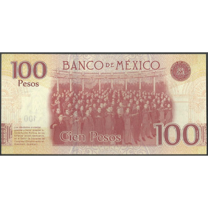 Mexico 100 Pesos 25 Ene 2016 Serie AY P130a reverso
