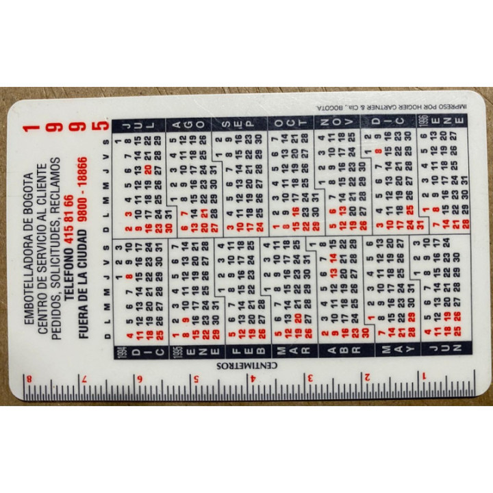Tarjeta Almanaque 1995 Embotelladora de Bogota reverso