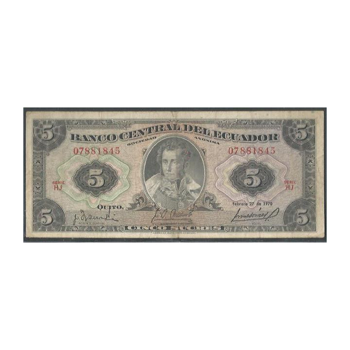 Ecuador 5 Sucres 27 Feb 1970 HJ Firma 3 Grande P113b