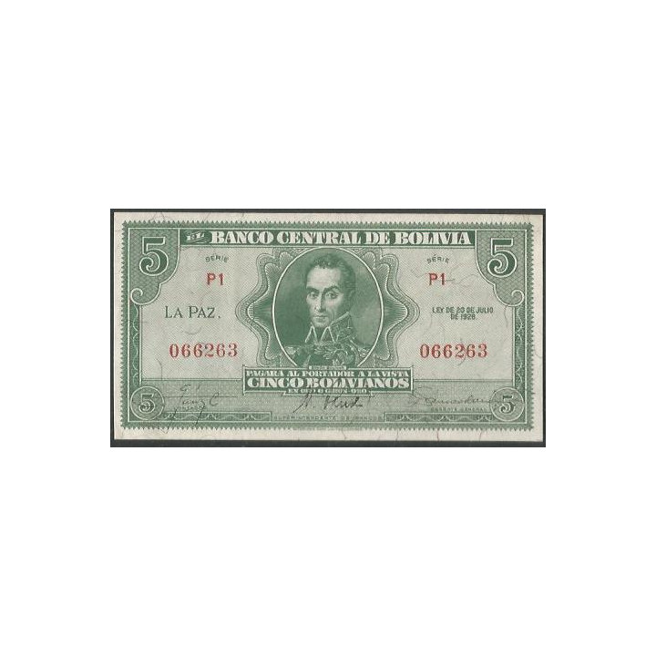 Bolivia 5 Bolivianos L 20 Jul 1928 Serie P1 P129