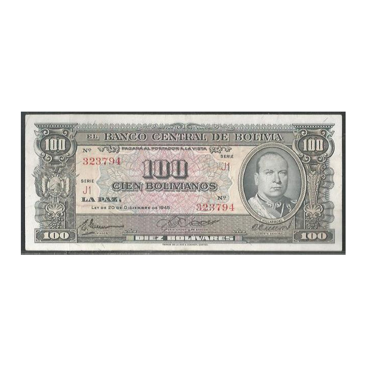 Bolivia 100 Bolivianos L 20 Dic 1945 Serie J1 P147