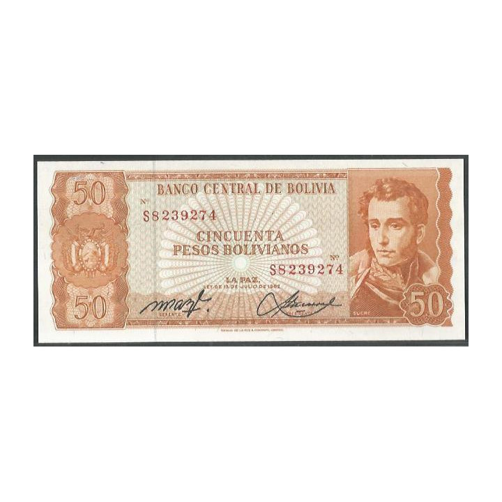 Bolivia 50 Pesos Bolivianos L 13 Jul 1962 Serie S P162a