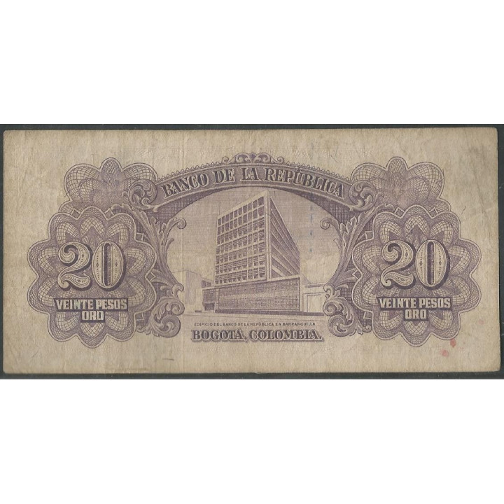 Billete de 20 Pesos 1 ene 1953 BGW218 reverso