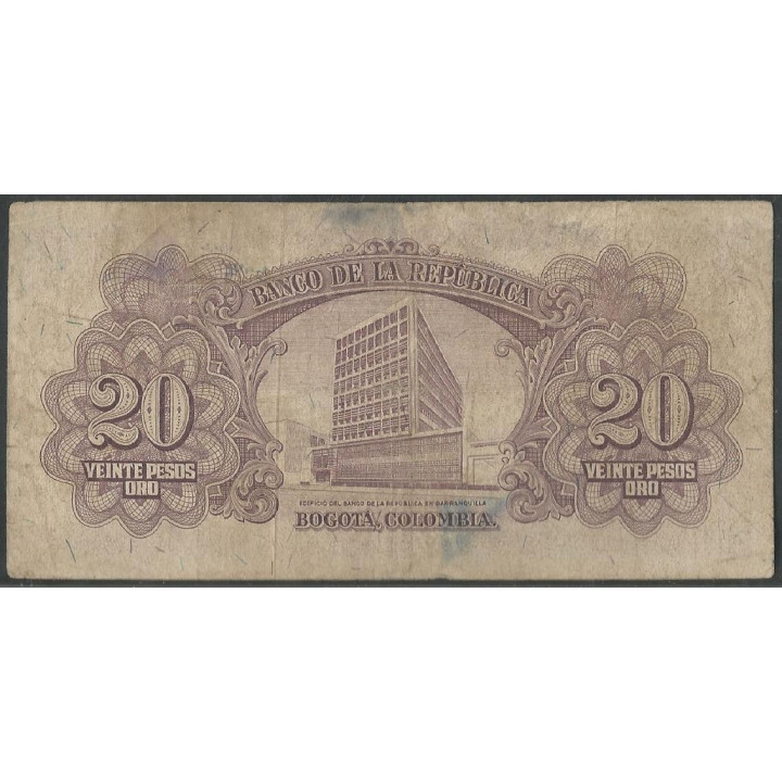 Billete de 20 Pesos 1 ene 1960 BGW219 reverso