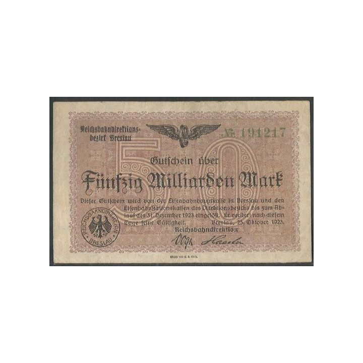 Alemania - Railroads Breslau 50 Millardos Mark 25 Oct 1923 Ps1139a
