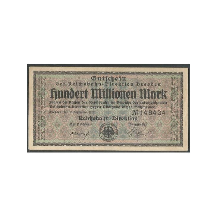 Alemania - Railroads Dresden 100.000.000 Mark 25 Sep 1923 Ps1177
