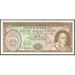 Macao - Banco Nacional Ultramarino 5 Patacas 18 Nov 1976 P54