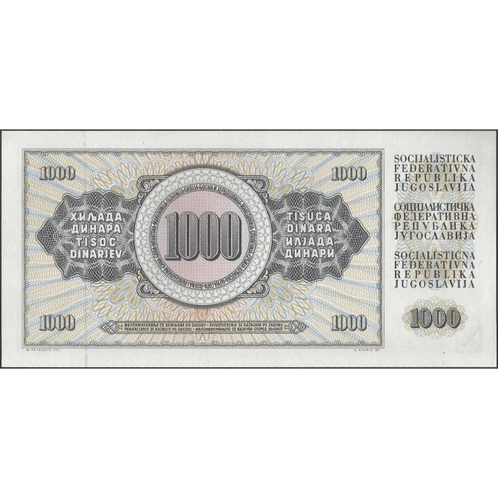 Yugoeslavia 1.000 Dinara 4 Nov 1981 P92d reverso