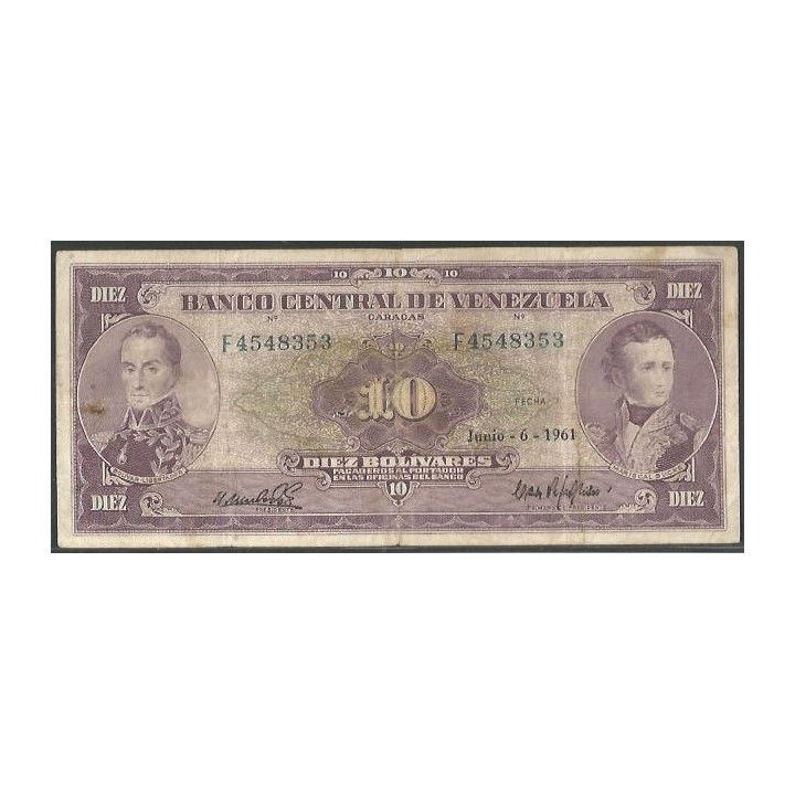 Venezuela 10 Bolivares 6 Jun 1961 F 7 Dig P42a