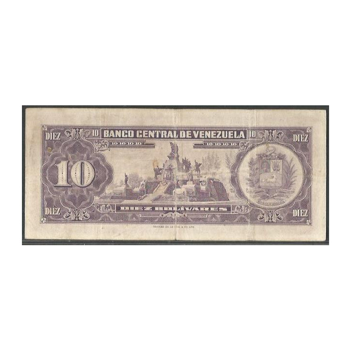 Venezuela 10 Bolivares 6 Jun 1961 F 7 Dig P42a reverso