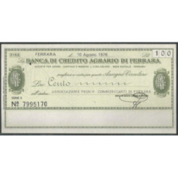 Italia - La Banca di Credito Agrario di Ferrara 100 Lire 10 Ago 1976