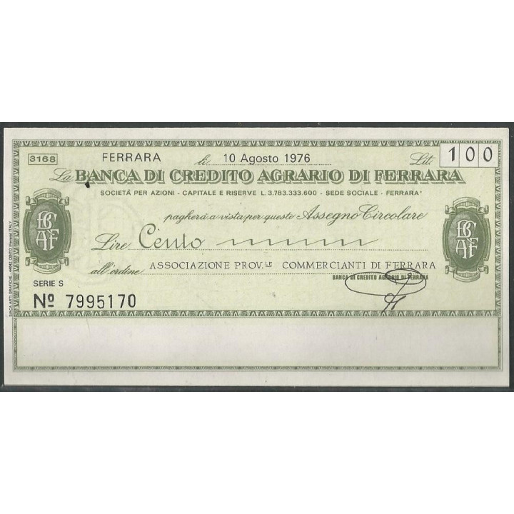 Italia - La Banca di Credito Agrario di Ferrara 100 Lire 10 Ago 1976