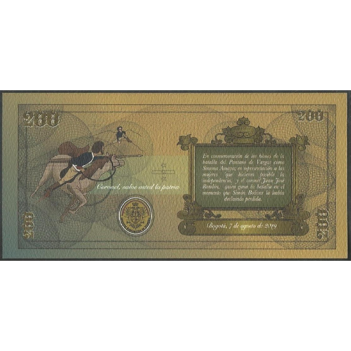 Billete de 200 Años De Libertad Sociedad Numismática de Colombia reverso