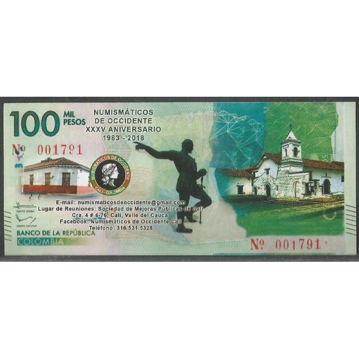 Billete de 100 Mil Pesos Numismáticos de Occidente XXXV ANIV.