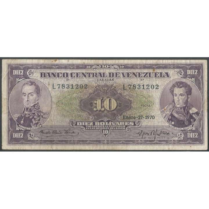 Venezuela 10 Bolivares 27 Ene 1970 L 7 Dig P45g