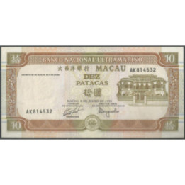 Macao - Banco Nacional Ultramarino 10 Patacas 8 Jul 1991 P65a