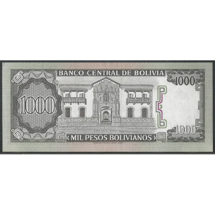 Bolivia 1.000 Pesos Bolivianos D 25 Jun 1982 Serie J P167a reverso