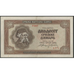 Serbia - Ocup. Alemania WWII 20 Dinara 1 May 1941 P25