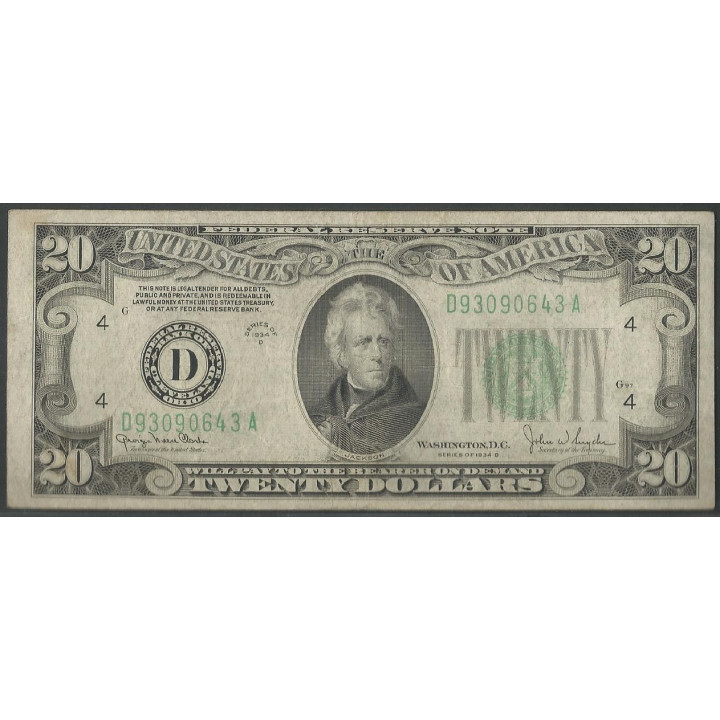 Estados Unidos 20 Dollars 1934D D P431Dd