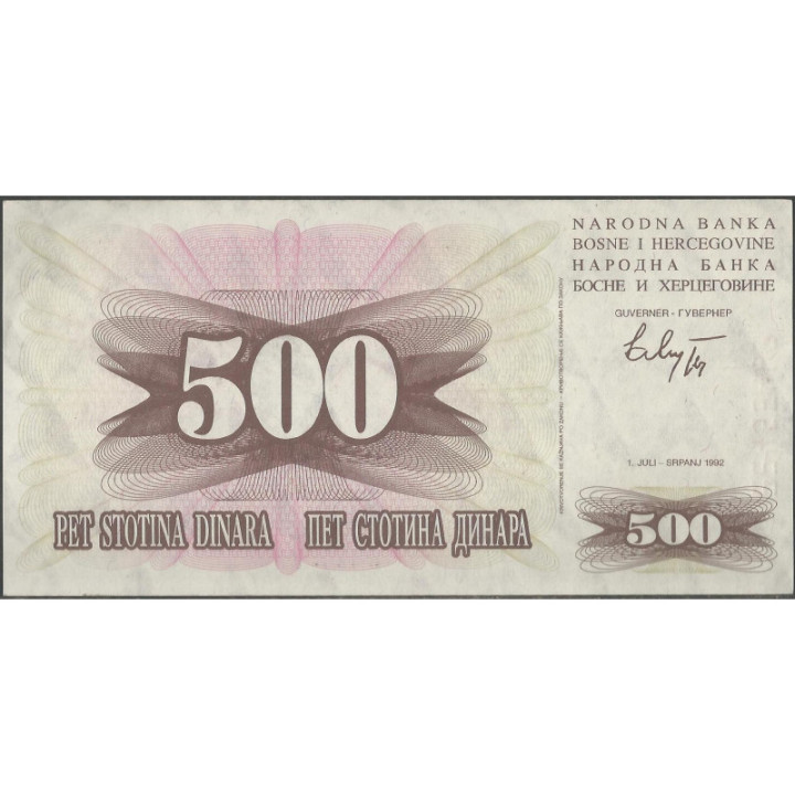 Bosnia & Herzegovina 500 Dinara 1 Jul 1992 P14a reverso