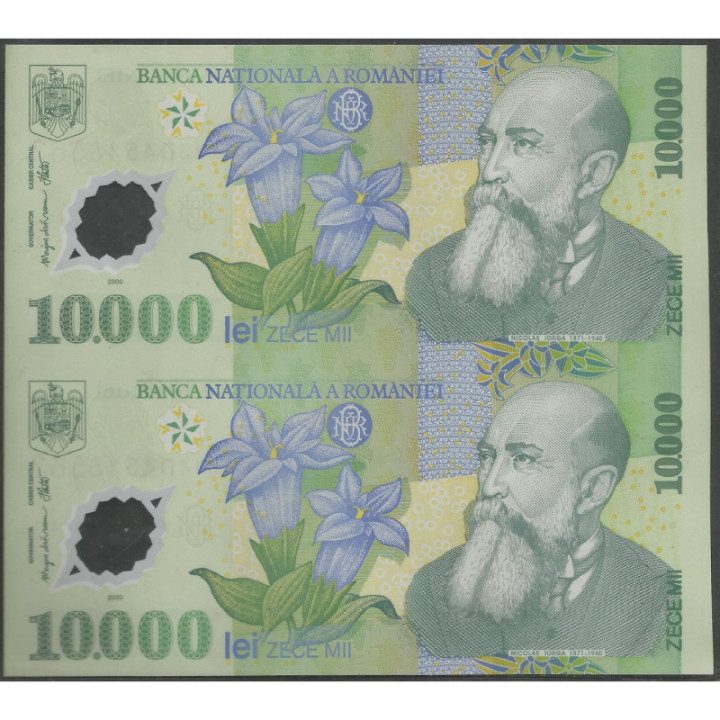 Rumania 10.000 Lei 2000 P112a Pliego de 2 billetes
