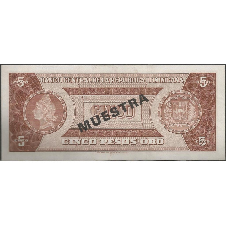 Rep. Dominicana 5 Pesos ND1974 P100s Muestra reverso
