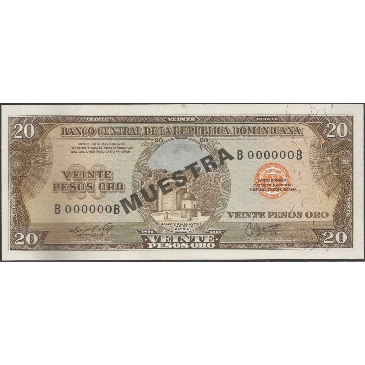 Rep. Dominicana 20 Pesos ND1974 P102s Muestra