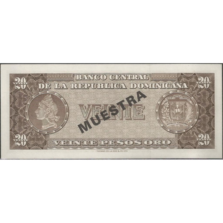 Rep. Dominicana 20 Pesos ND1974 P102s Muestra reverso