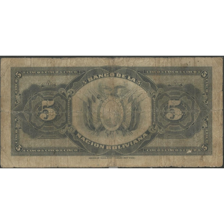 Bolivia 5 Bolivianos ND1929 Serie U P113 reverso