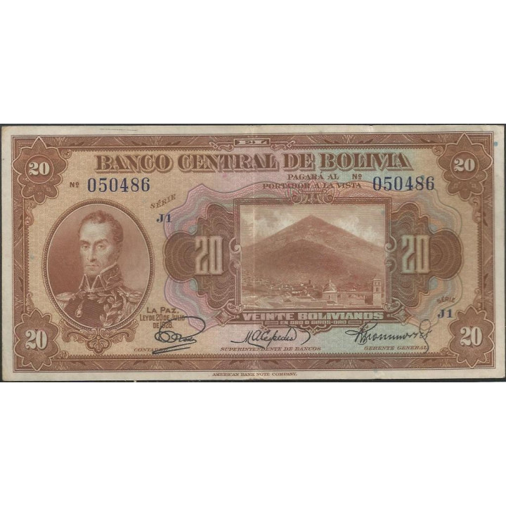 Bolivia 20 Bolivianos L 20 Jul 1928 Serie J1 P122a