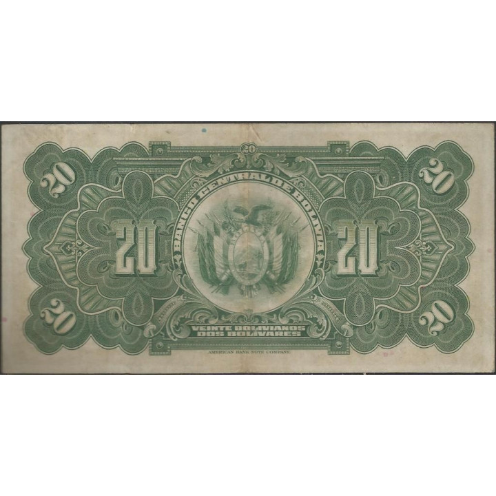 Bolivia 20 Bolivianos L 20 Jul 1928 Serie J1 P122a reverso