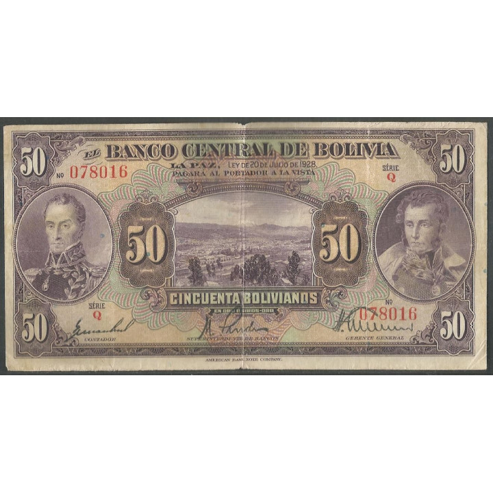 Bolivia 50 Bolivianos L 20 Jul 1928 Serie Q P124a