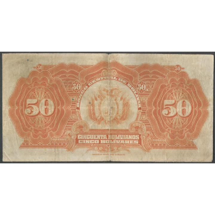 Bolivia 50 Bolivianos L 20 Jul 1928 Serie Q P124a reverso