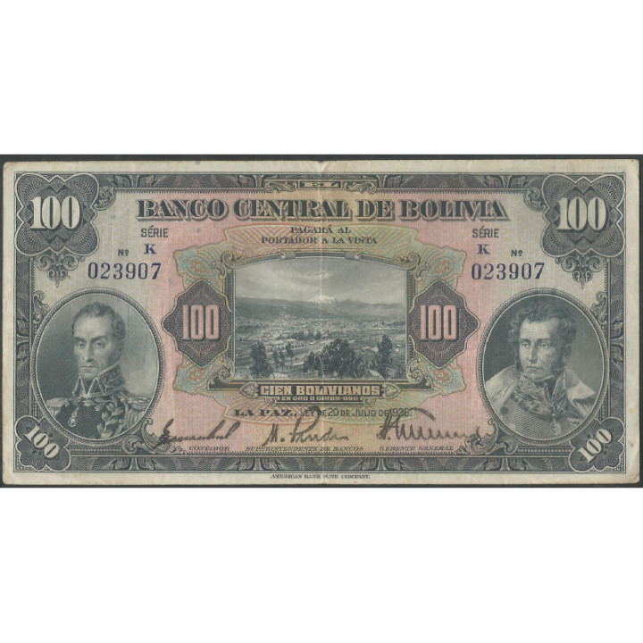 Bolivia 100 Bolivianos L 20 Jul 1928 Serie K P125a
