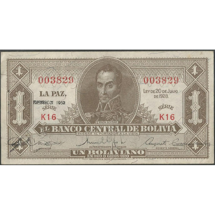 Bolivia 1 Boliviano L 20 Jul 1928 Serie K16 P128c