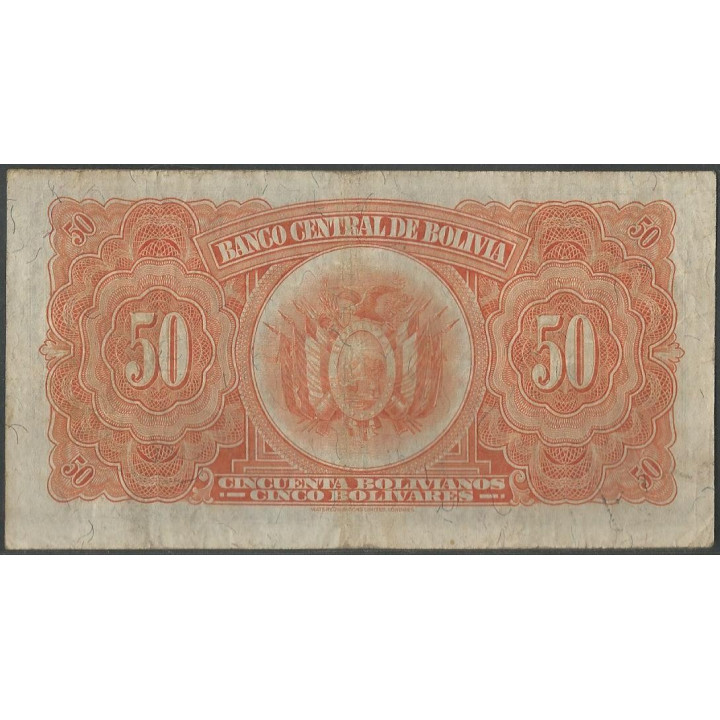 Bolivia 50 Bolivianos L 20 Jul 1928 Serie V2 P132 reverso