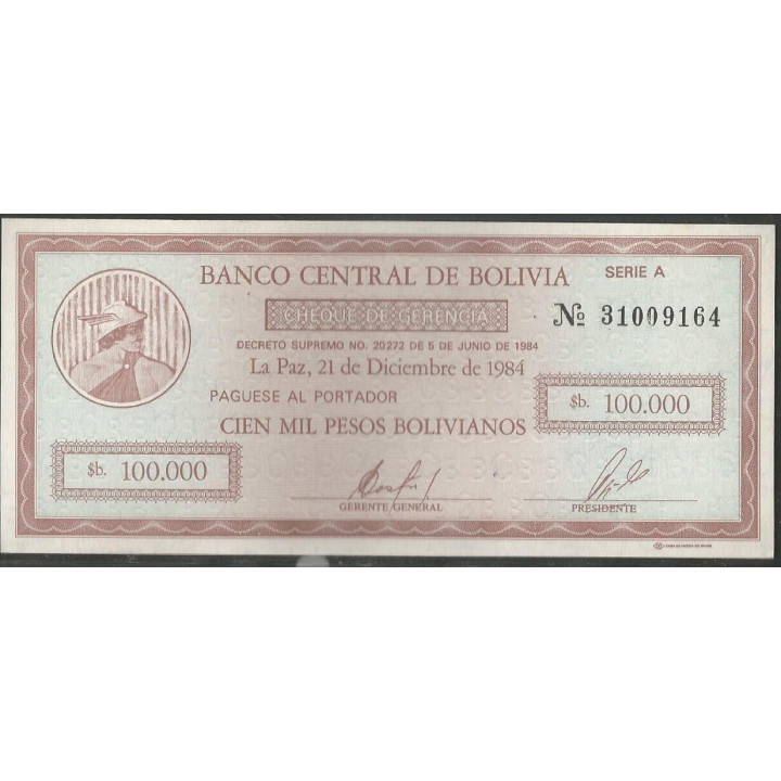 Bolivia 100.000 Pesos Bolivianos 21 Dic 1984 Serie A P188