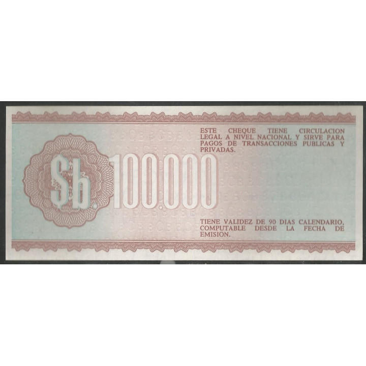 Bolivia 100.000 Pesos Bolivianos 21 Dic 1984 Serie A P188 reverso