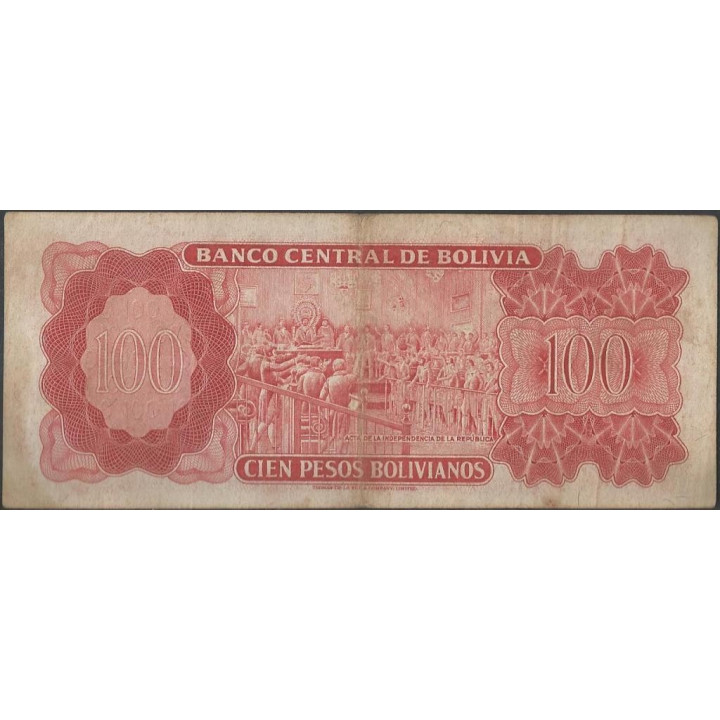 Bolivia 100 Pesos Bolivianos L 13 Jul 1962 SERIE F P164c reverso