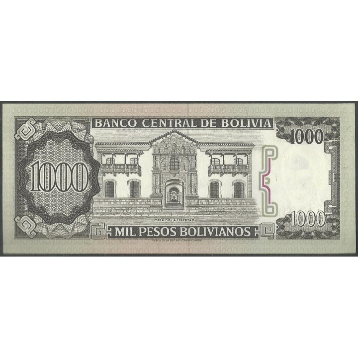 Bolivia 1.000 Pesos Bolivianos D 25 Jun 1982 Serie L P167a reverso