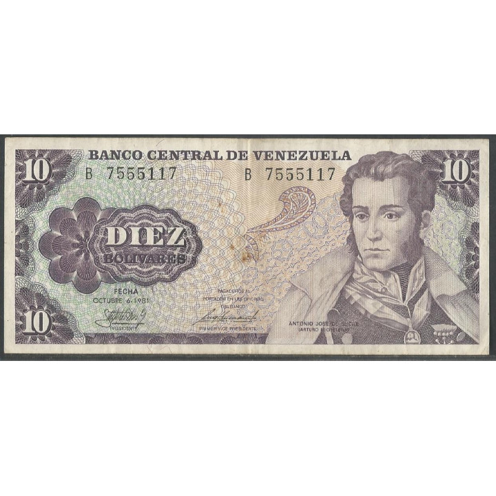 Venezuela 10 Bolivares 6 Oct 1981 B 7 Dig P60a