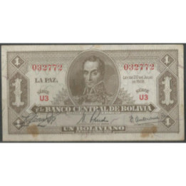 Bolivia 1 Boliviano L 20 Jul 1928 Serie U3 P128a